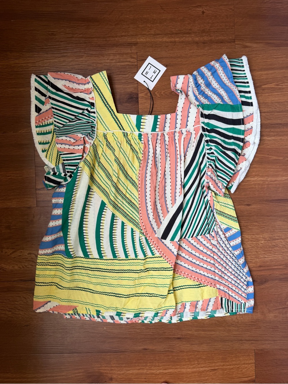 THML Colorblock Striped Flutter Sleeve Blouse - Coral, Green & Yellow - Picture 2 of 3